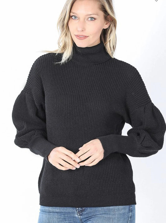 Black Puff Sleeve Turtleneck Sweater by Liza and Grace